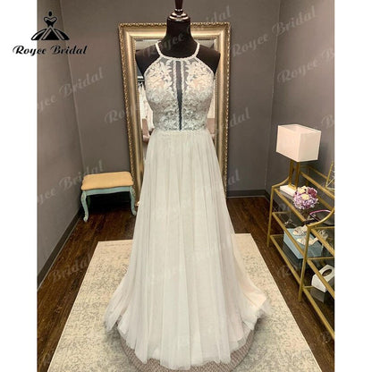 Elgant hochzeitskleid Boho A Line Halter Backless Lace Bodice Tulle Open Back Wedding Dress Wedding Gown Vestidos De Noiva 2025