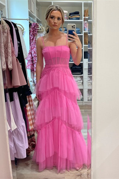 Roycebridal Princess Hot Pink Tiered Tulle Prom Dress