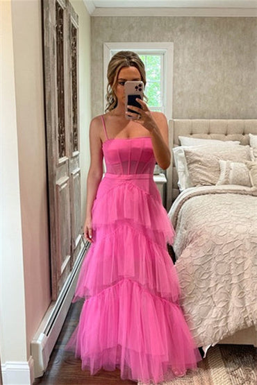 Roycebridal Princess Hot Pink Tiered Tulle Prom Dress