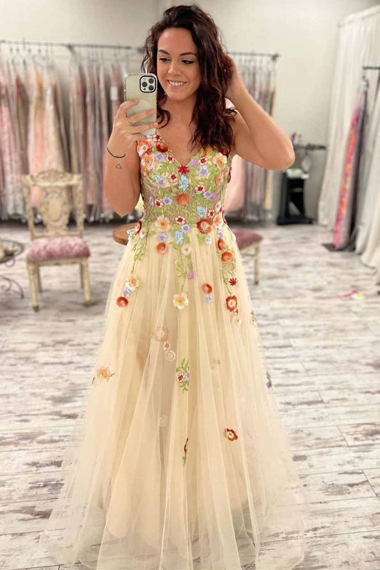 Alina | Gorgeous V-Neck Floral Long Formal Dress with Embroidery