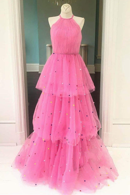 Roycebridal Tessa | Hot Pink A-Line Tulle Prom Dress with Colorful Dots