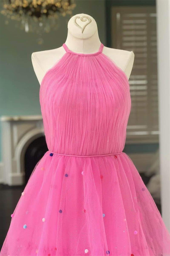 Roycebridal Tessa | Hot Pink A-Line Tulle Prom Dress with Colorful Dots