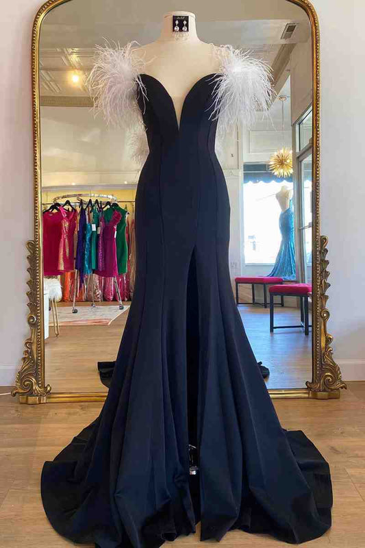 Roycebridal Sophia | Long Black High Slit Prom Dress with White Feather