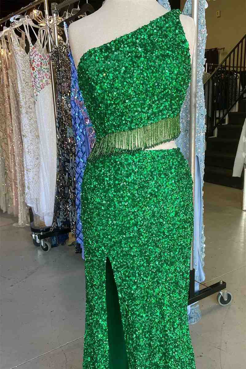 Eileen | Green Two Piece Sequined One Shoulder Long Party Dress with Tassel