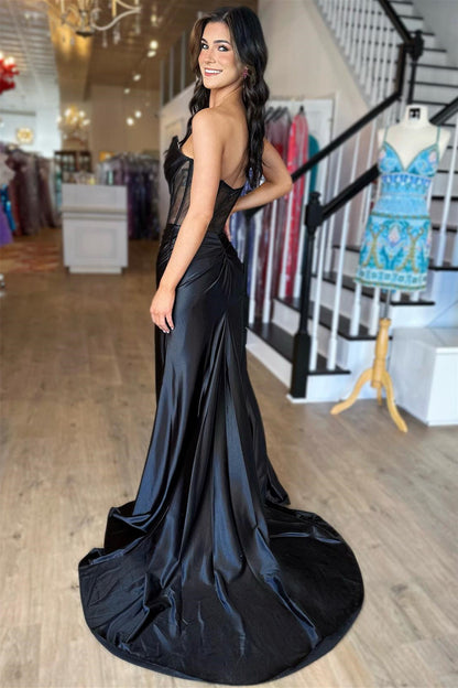 Roycebridal Strapless Pleated Boning Sheer Long Prom Dress with Slit