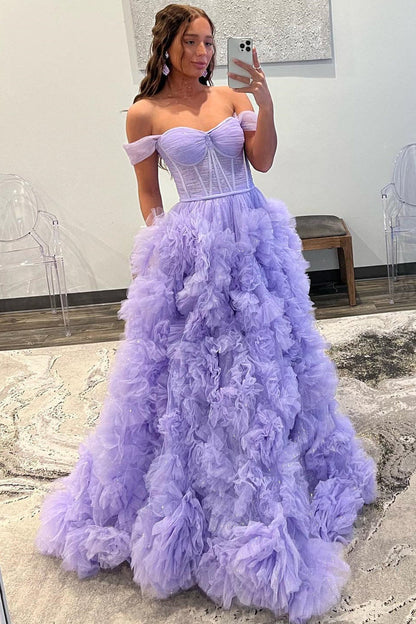 Roycebridal Kenia |A Line Off the Shoulder Ruffled Tulle Prom Dress with Slit