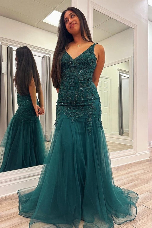 Roycebridal Kali |Peacock Mermaid V-Neck Appliques Tulle Long Prom Dress