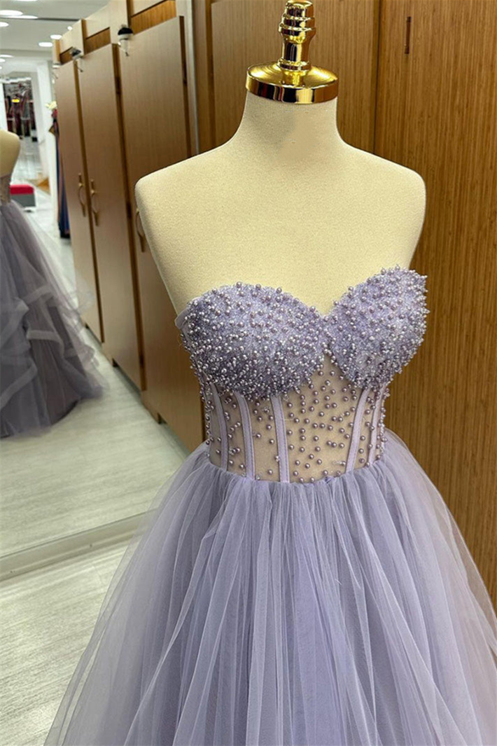 Roycebridal Brandy | Lilac Strapless Beaded Ruffle-Layers Tulle Long Prom Dress