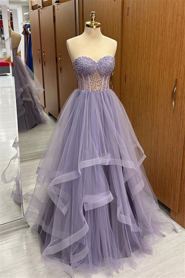 Roycebridal Brandy | Lilac Strapless Beaded Ruffle-Layers Tulle Long Prom Dress