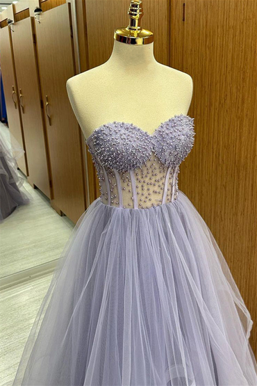 Roycebridal Brandy | Lilac Strapless Beaded Ruffle-Layers Tulle Long Prom Dress