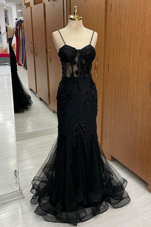 Roycebridal Aubrielle | Black Sweetheart Straps Mermaid Appliques Tulle Long Prom Dress