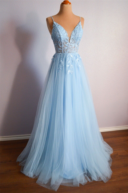 Roycebridal Cynthia | Light Blue V Neck Lace-Up Appliques Tulle Long Prom Dress