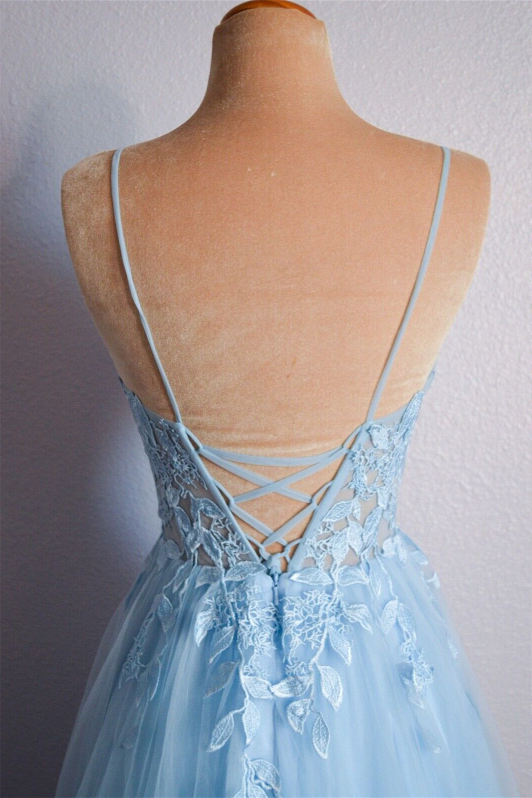 Roycebridal Cynthia | Light Blue V Neck Lace-Up Appliques Tulle Long Prom Dress