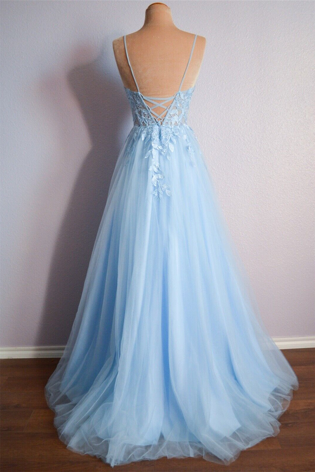 Roycebridal Cynthia | Light Blue V Neck Lace-Up Appliques Tulle Long Prom Dress