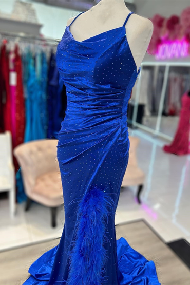 Roycebridal Vickie | Royal Blue Cowl Neck Rhinestones Long Prom Dress with Feather-Trimmed Slit