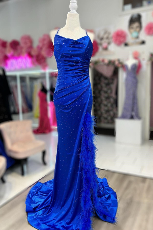 Roycebridal Vickie | Royal Blue Cowl Neck Rhinestones Long Prom Dress with Feather-Trimmed Slit