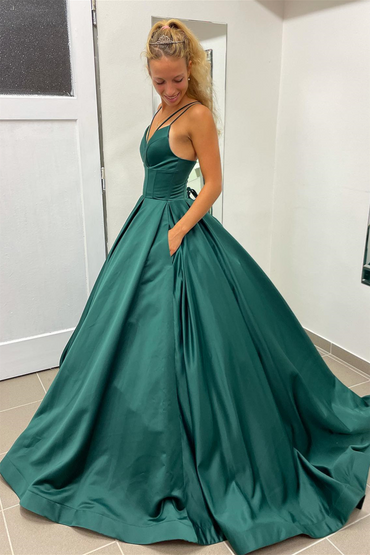 Roycebridal Nicole |A-line Hunter Green V-Neck Satin Long Prom Dress