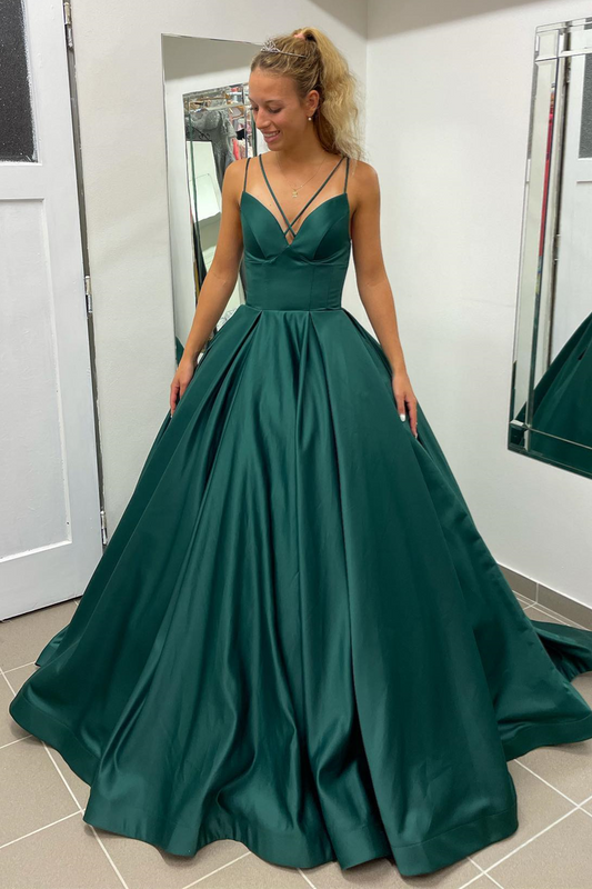 Roycebridal Nicole |A-line Hunter Green V-Neck Satin Long Prom Dress