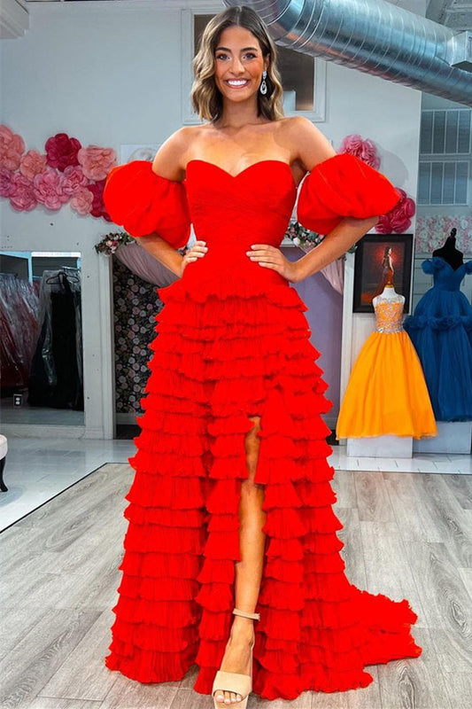 Roycebridal Wendy | Sweetheart Red Tiered Tulle Prom Dress with Balloon Sleeves