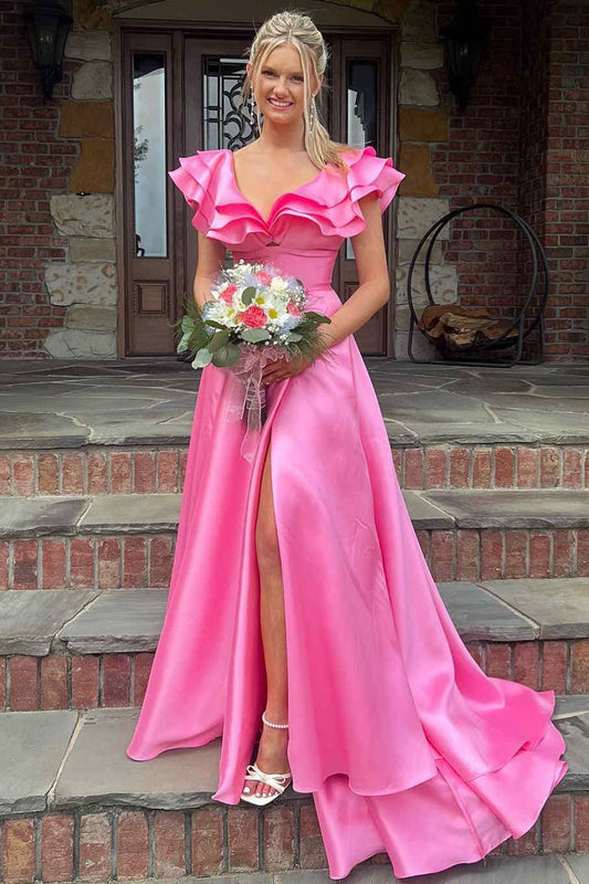 Roycebridal Betsy | Hot Pink V-Neck Ruffle A-Line Long Prom Dress