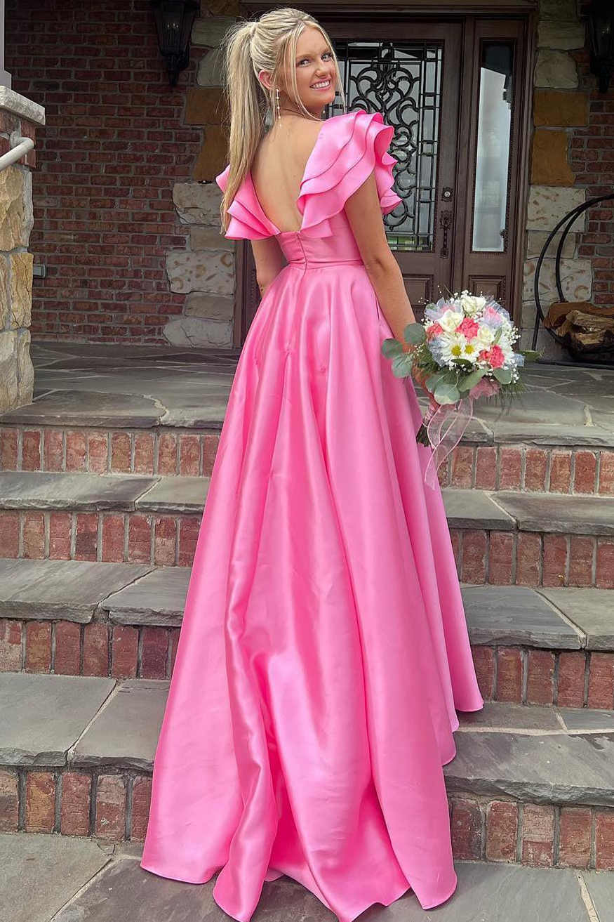 Roycebridal Betsy | Hot Pink V-Neck Ruffle A-Line Long Prom Dress