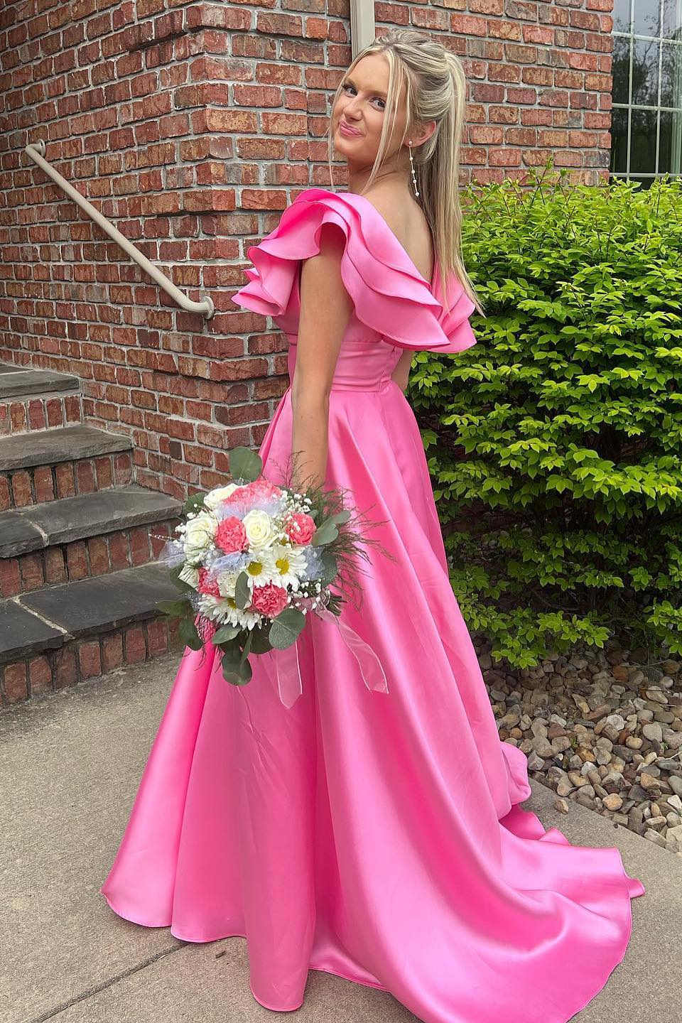 Roycebridal Betsy | Hot Pink V-Neck Ruffle A-Line Long Prom Dress