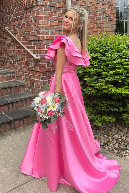 Roycebridal Betsy | Hot Pink V-Neck Ruffle A-Line Long Prom Dress