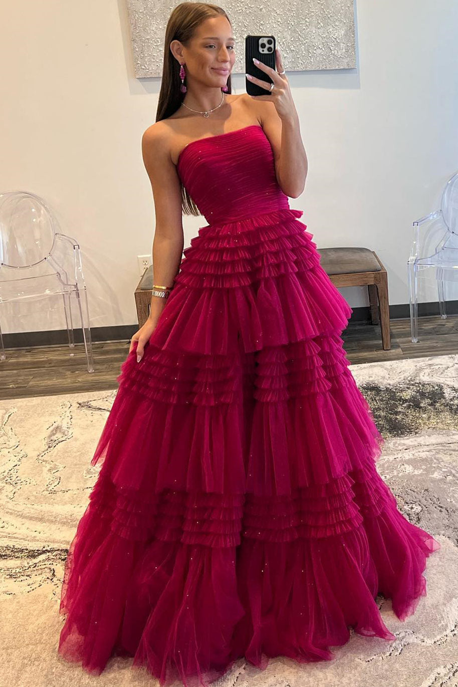 Roycebridal Daniela |A-Line Strapless Tulle Long Prom Dress with Tiered Ruffles