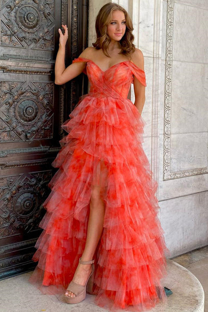 Roycebridal Bettie | Off the Shoulder Coral Print Tiered Long Prom Dress