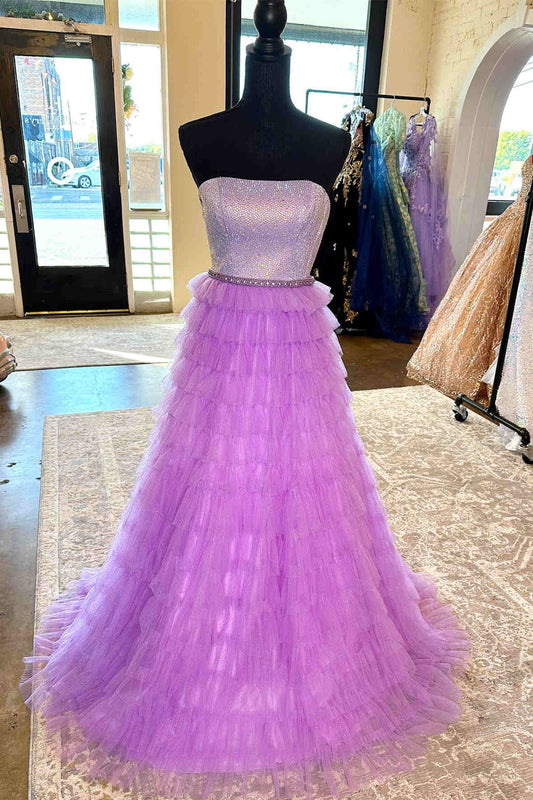 Roycebridal Yvonne | A-Line Strapless Lilac Layered Long Prom Dress with Rhinestones