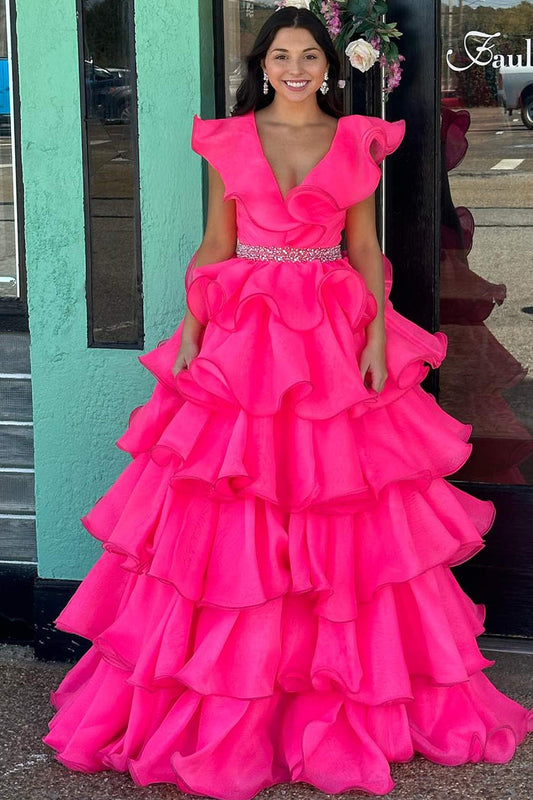 Roycebridal Zoey | Hot Pink V-Neck Ruffle Tiered Long Prom Dress with Beaded Waist