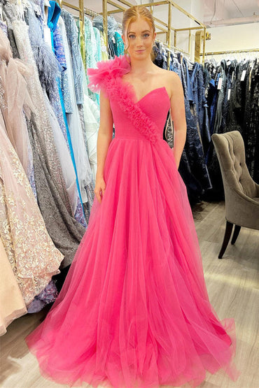 Roycebridal Delaney |A-Line One Shoulder Long Tulle Prom Dress with Ruffles