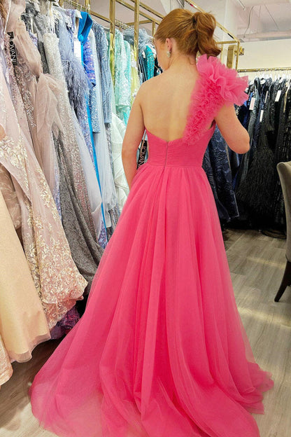 Roycebridal Delaney |A-Line One Shoulder Long Tulle Prom Dress with Ruffles