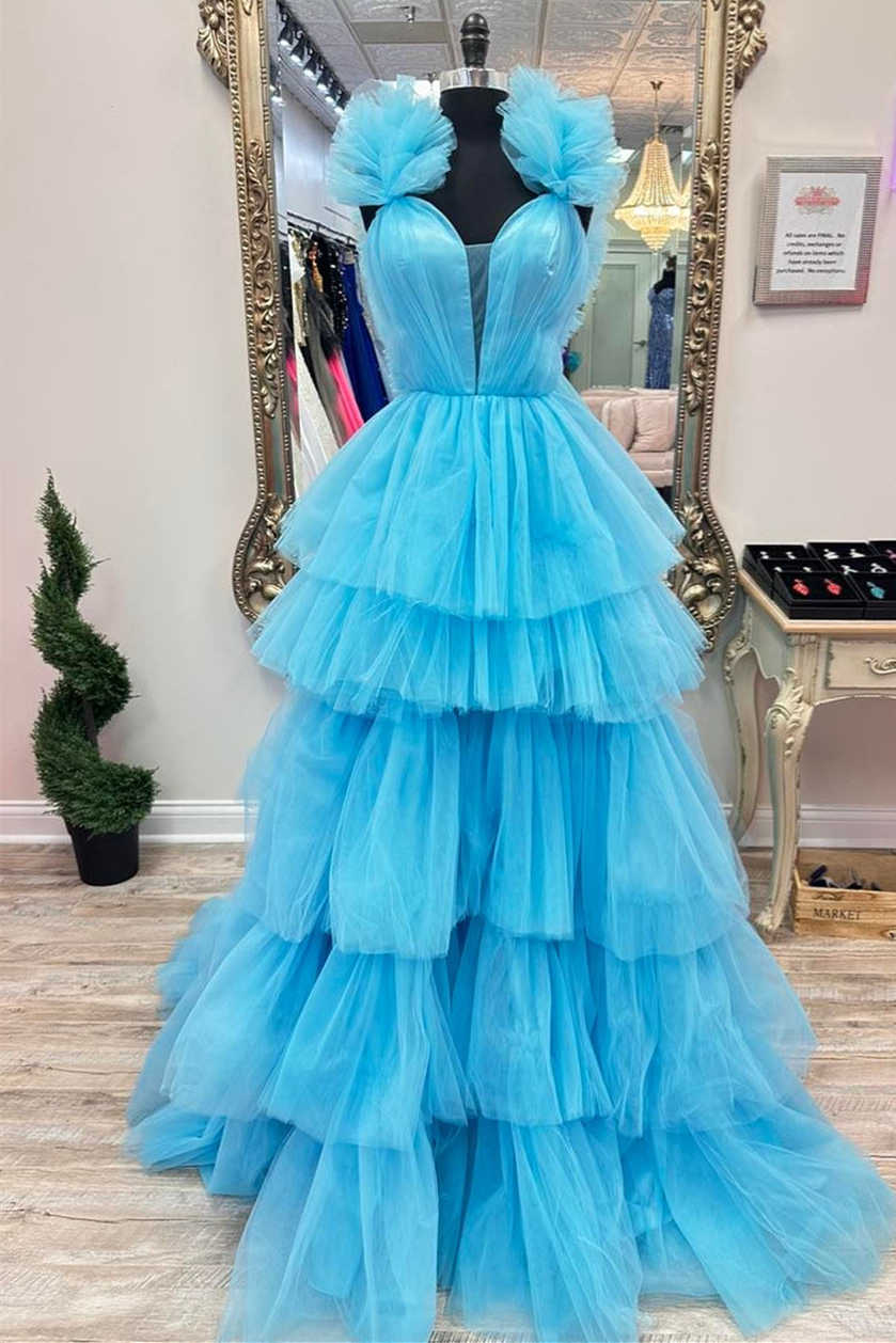 Roycebridal Bernice | Light Blue Ruffle Straps A-Line Tiered Prom Dress