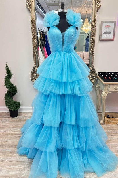 Roycebridal Bernice | Light Blue Ruffle Straps A-Line Tiered Prom Dress