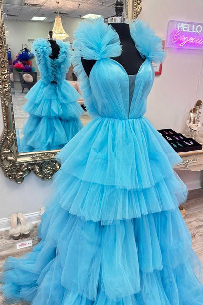 Roycebridal Bernice | Light Blue Ruffle Straps A-Line Tiered Prom Dress