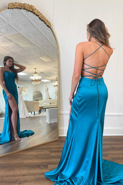 Roycebridal Xyla | Straps Teal V-Neck Ruched Long Prom Dress