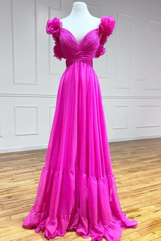 Roycebridal Aadhya | Lace-Up Fuchsia V-Neck Ruffle Pleated Long Prom Dress