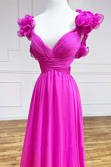 Roycebridal Aadhya | Lace-Up Fuchsia V-Neck Ruffle Pleated Long Prom Dress