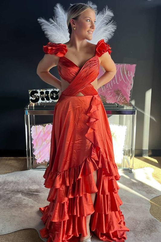 Roycebridal Brittany | Red Cutout Ruffle A-Line Long Prom Dress with Slit