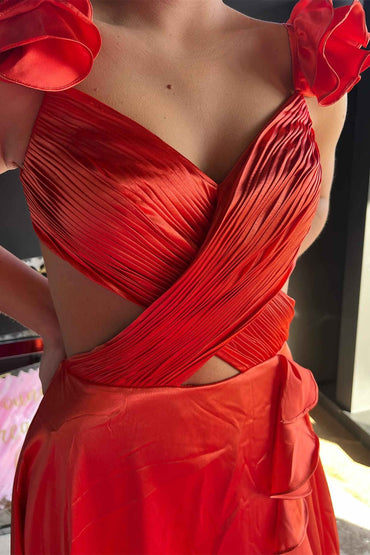 Roycebridal Brittany | Red Cutout Ruffle A-Line Long Prom Dress with Slit