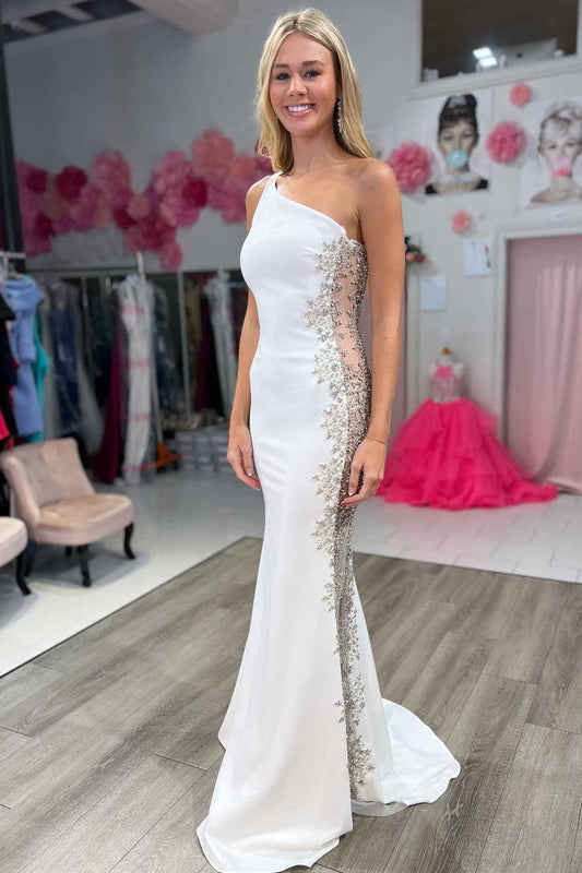 Robin | Mermaid White One Shoulder Beaded Long Formal Dress