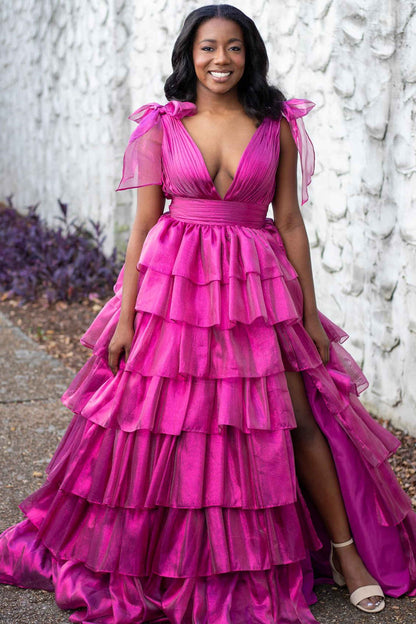 Roycebridal August | Glitter Tie Straps Pink Plunging Neck Tiered Long Prom Dress