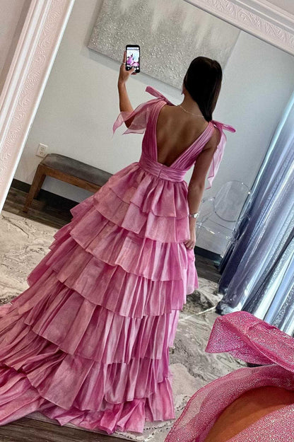 Roycebridal August | Glitter Tie Straps Pink Plunging Neck Tiered Long Prom Dress