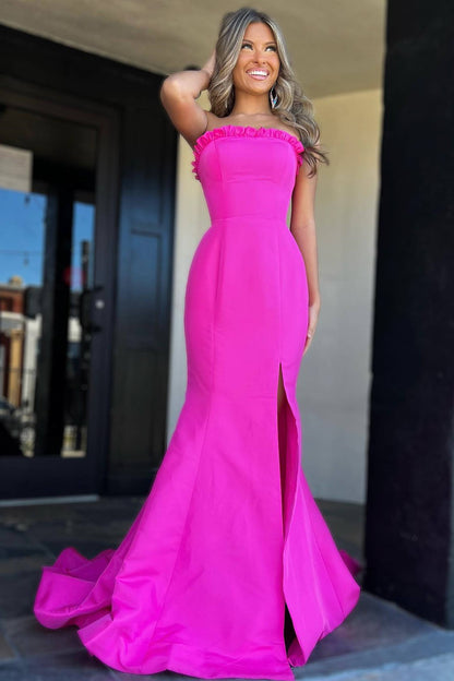 Roycebridal Denver | Strapless Maganta Ruffle Mermaid Slit Long Prom Dress