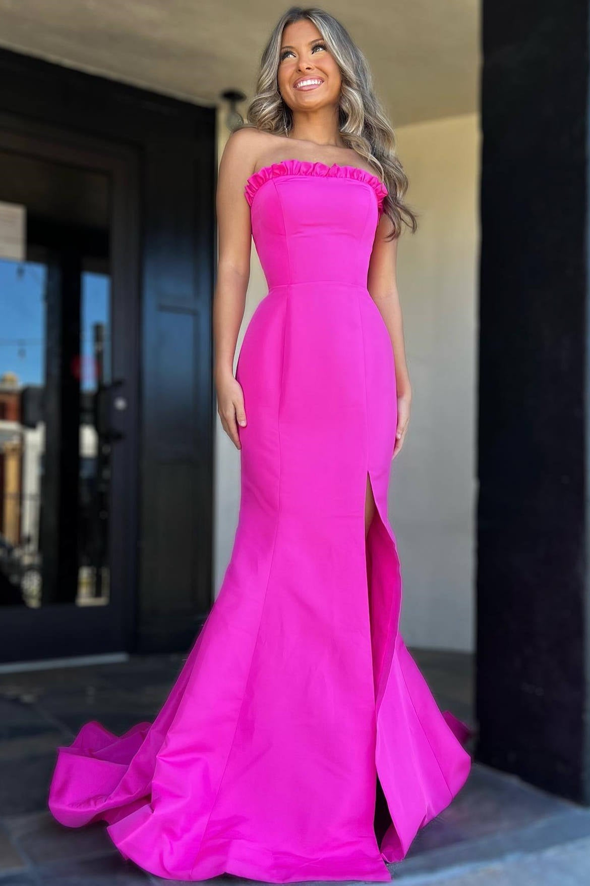 Roycebridal Denver | Strapless Maganta Ruffle Mermaid Slit Long Prom Dress