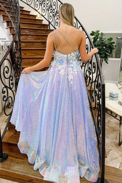 Azaria | Lilac One Shoulder 3D Flowers Sequin Long Formal Dress