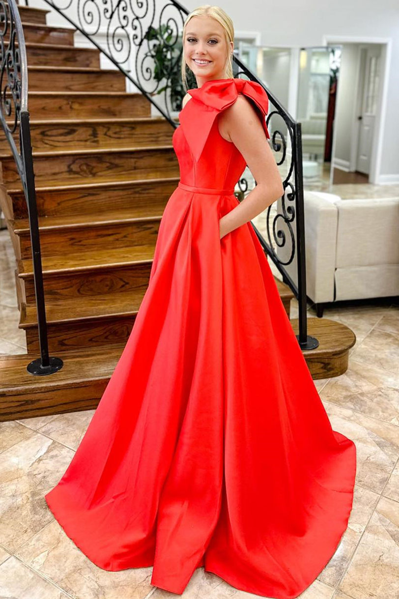 Roycebridal Aliya | Red One Shoulder Bow Tie Satin Prom Dress with Pockets