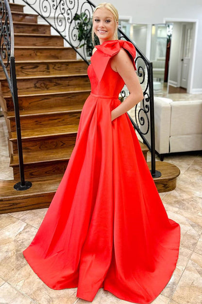 Roycebridal Aliya | Red One Shoulder Bow Tie Satin Prom Dress with Pockets