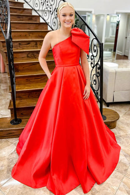 Roycebridal Aliya | Red One Shoulder Bow Tie Satin Prom Dress with Pockets